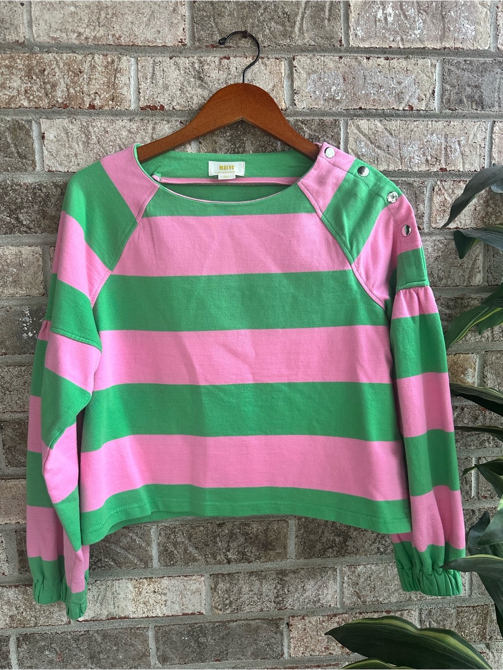 Maeve Anthro 100% Cotton Pink & Green Striped Button-Shoulder Top